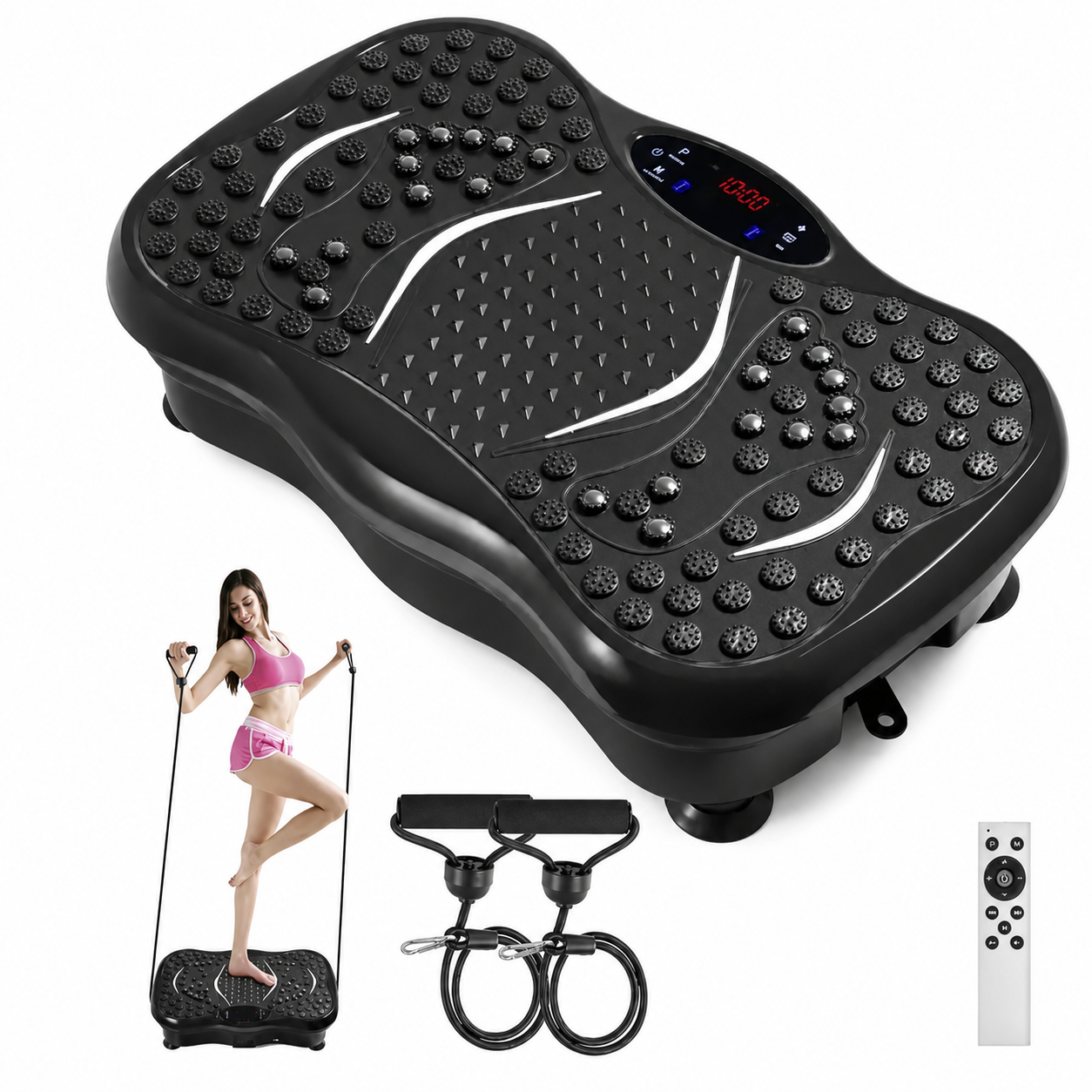Виброплатформа для домашних тренировок до 150 кг с Bluetooth, пультом, 99 уровнями и эспандерамиП